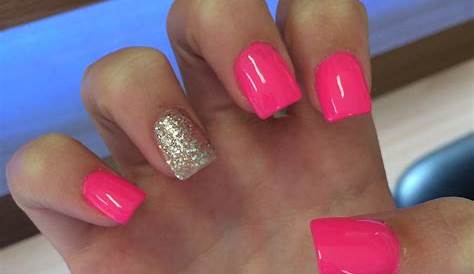 Hot Pink Acrylic Nails Short Tips With Glitter Overlay Square s X