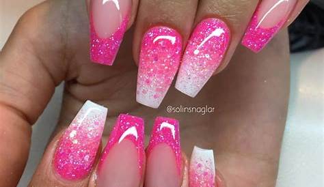 Hot Pink And White Nails With Glitter Get Ready To Sparkle !