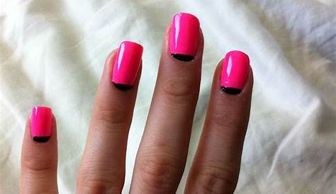 Hot Pink Nails Black Tips & Acrylics Such A Pretty Design With
