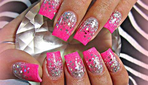 Hot Pink Acrylic Nails With Glitter / Gold + pastel yellow gel nail art