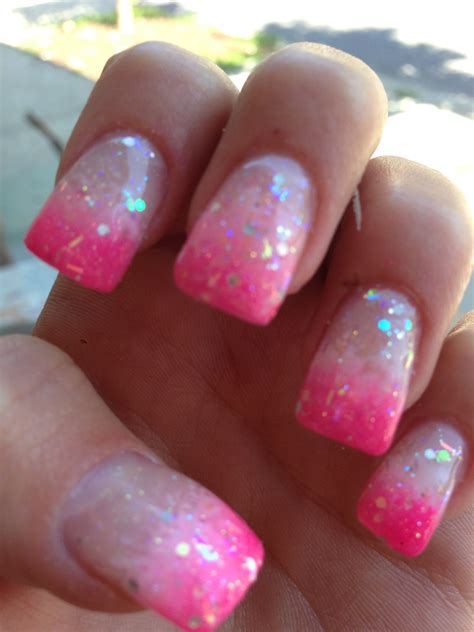 Hot pink and white ombré tip nails with glitter Bright pink nails