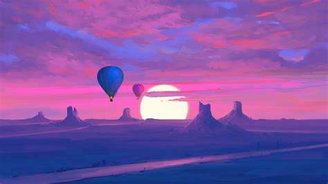 hot air balloon pink and purple mountains