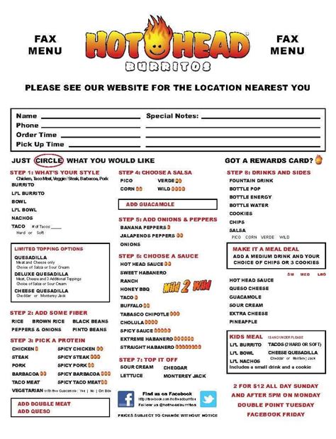 Hot Heads Printable Menu