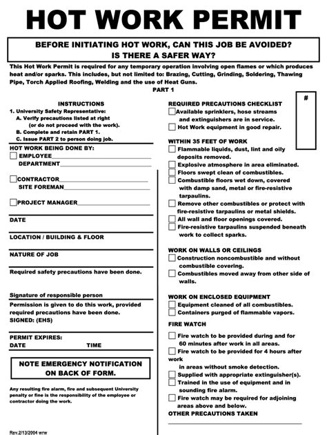 hot work permit form template