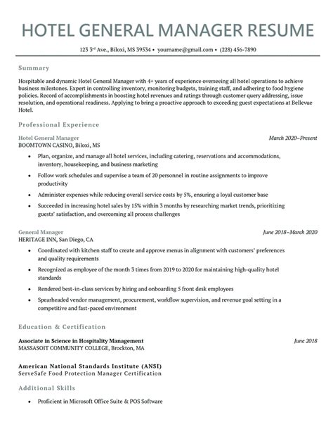 Hotel Owner Hotel General Manager Resume Example Quality
