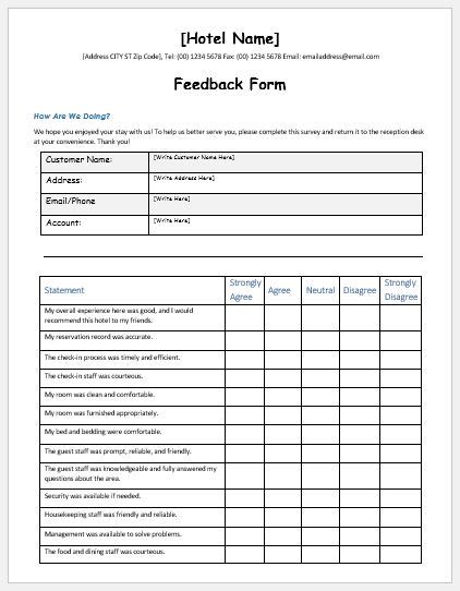hotel customer feedback form template