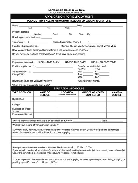 hotel job application form template