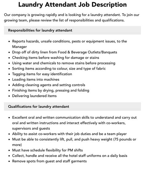 hotel laundry worker job description
