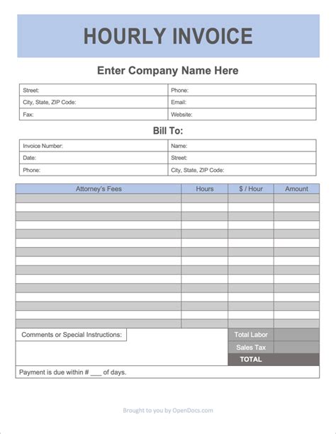Free Hourly Invoice Template Word PDF eForms