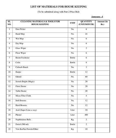 Housekeeping Services Material List