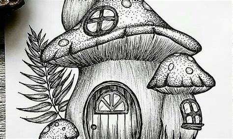 Mushroom Fairy Houses and Grass Drawing by Dawn Boyer