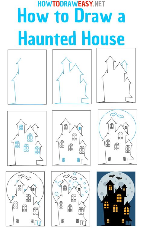 How To Draw A Haunted House, Step by Step, Drawing Guide