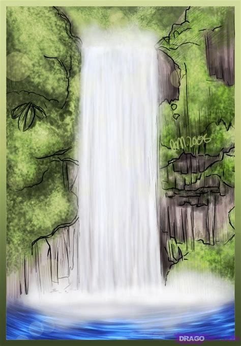How to Draw Waterfall Scenery printable step by step