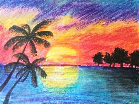 Scenery of sunrise. Easy oilpastel drawing for beginners