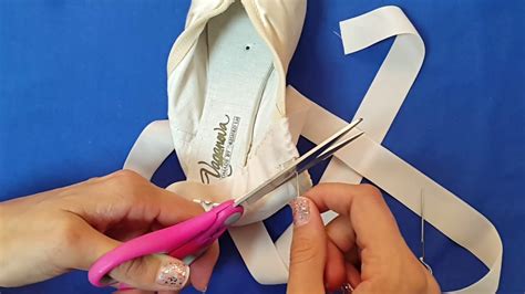 How to sew pointe shoe ribbons and elastic. Definitely Dance.
