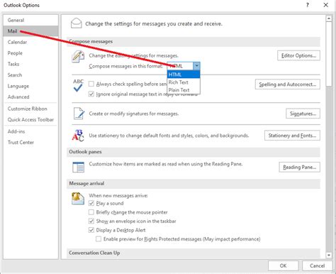 how do i change incoming mail to html in outlook