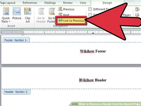 how do i get rid of the header on the second page in word