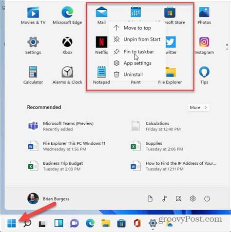 how do i pin the excel app to the start menu