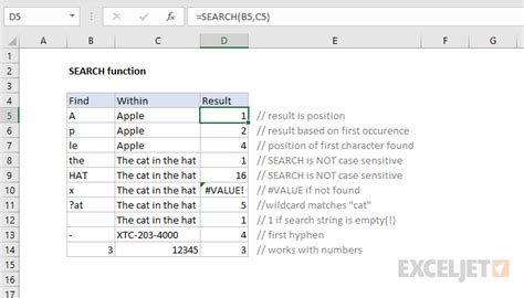 how does the search function work in excel