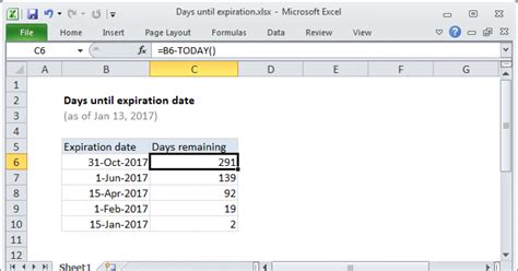 how many days until a date excel
