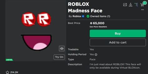 how much is roblox madness face