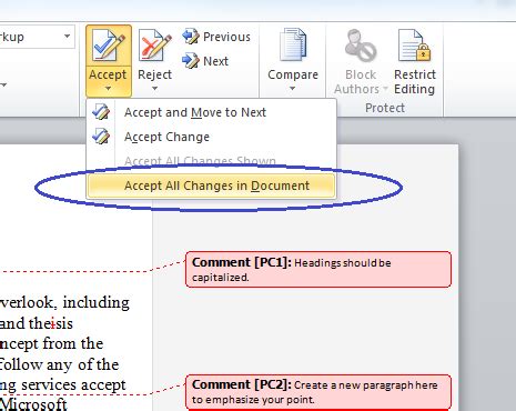 how to accept changes in word document