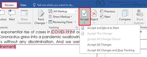 how to accept changes made in word document