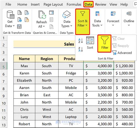 how to activate sort and filter in excel