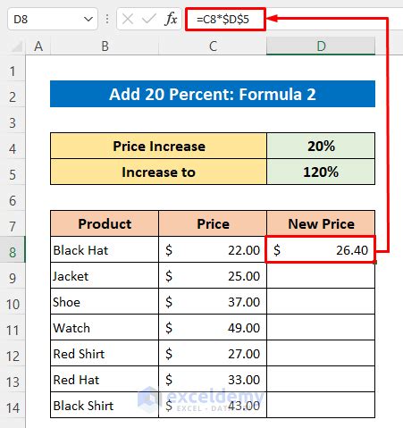 how to add 20 percent in excel formula