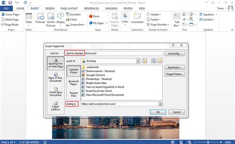 how to add a pdf hyperlink to a word document