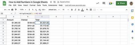how to add a row of numbers in google sheets