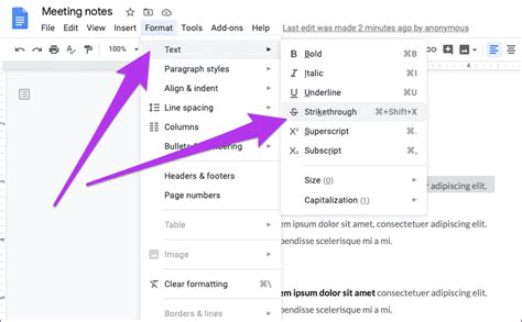 how to add a slash through text in google docs