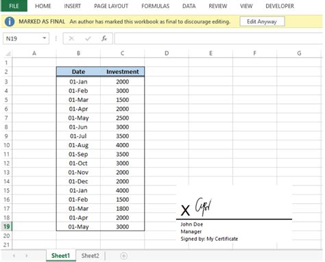 how to add a visible digital signature in excel