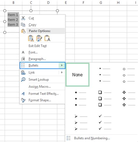 how to add bullet points in excel text box