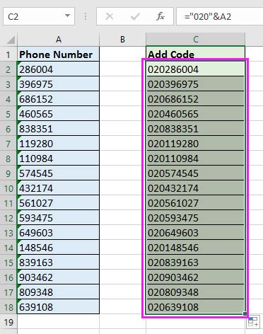 how to add country area code to a phone number list in excel