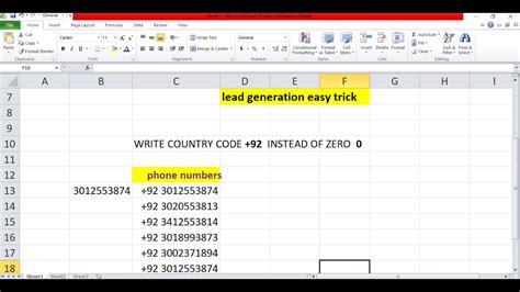 how to add country code before number in excel