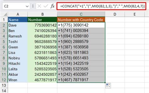 how to add country code in excel formula