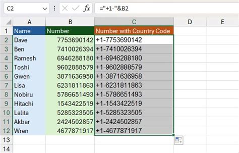 how to add country code to all numbers in excel