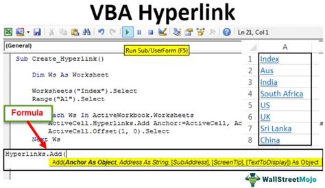 how to add hyperlink in excel using vba