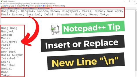 how to add new line in notepad ++ replace
