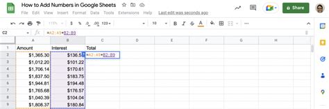 how to add numbers columns in google sheets
