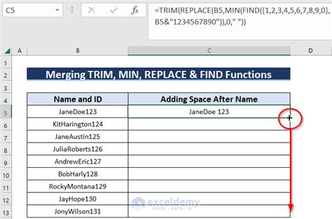 how to add space between text in excel cell formula