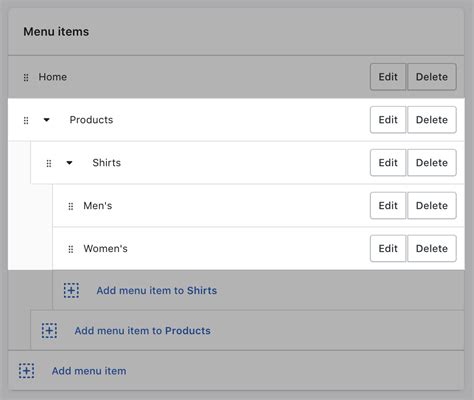 how to add sub menu items in shopify