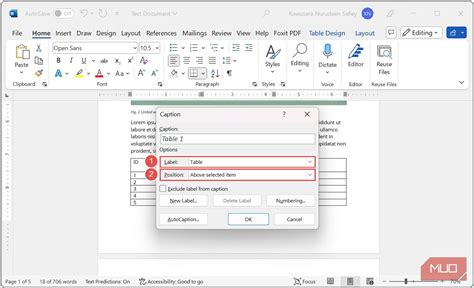 how to add table captions in word