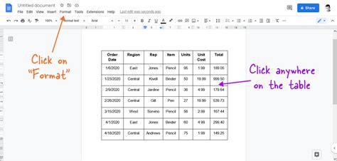 how to add text above a table in google docs