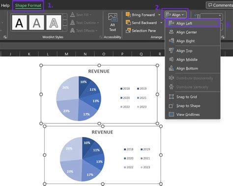 how to align pie charts in excel