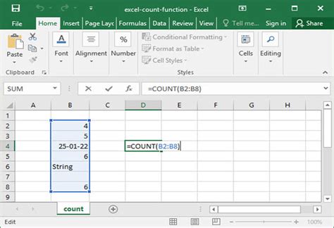 how to apply count formula in excel