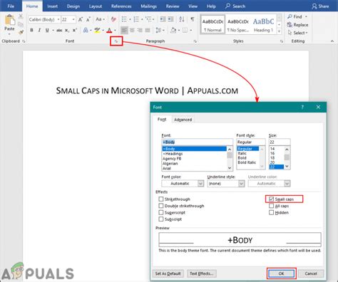 how to apply small caps text effect in word