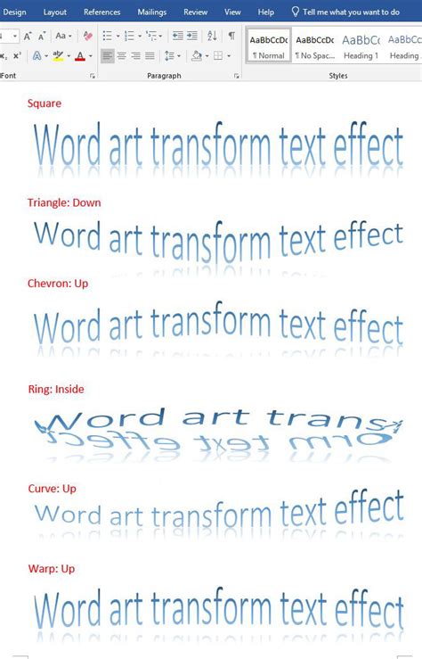 how to apply the square text effect from the warp section of the transform gallery in word