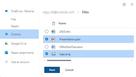 how to attach dropbox file to outlook email
